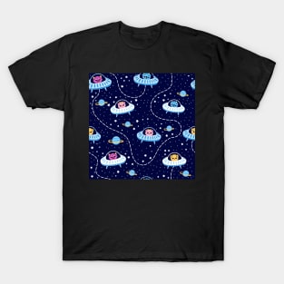 Galaxy adventure with cute fluffy alien monsters T-Shirt